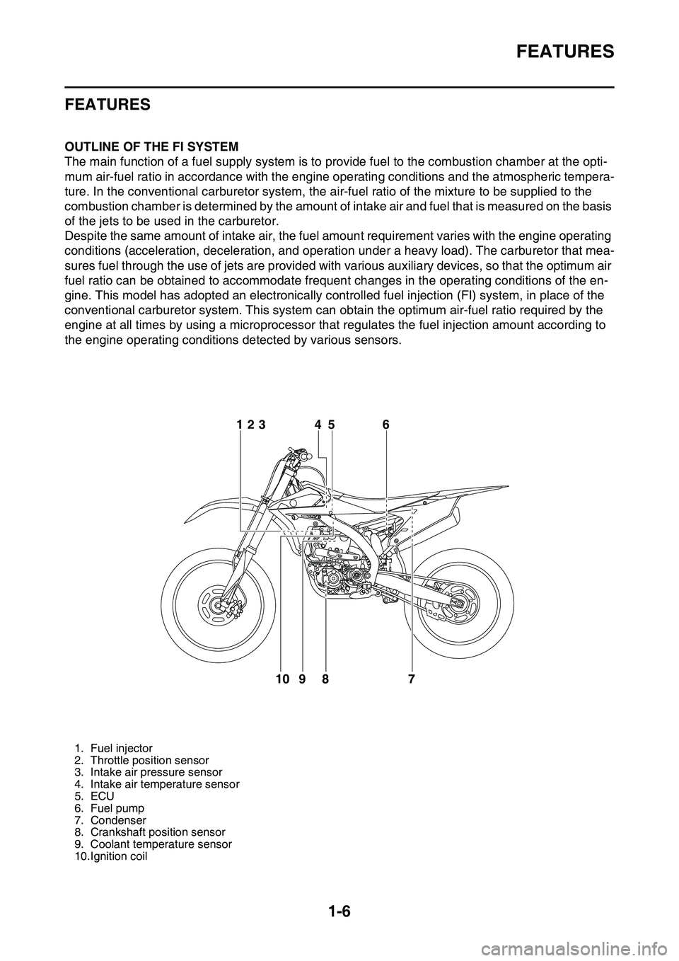 YAMAHA YZ450F 2014 User Guide FEATURES
1-6
EAS20170
FEATURES
EAS1SL1014OUTLINE OF THE FI SYSTEM
The main function of a fuel supply system is to provide fuel to the combustion chamber at the opti-
mum air-fuel ratio in accordance w