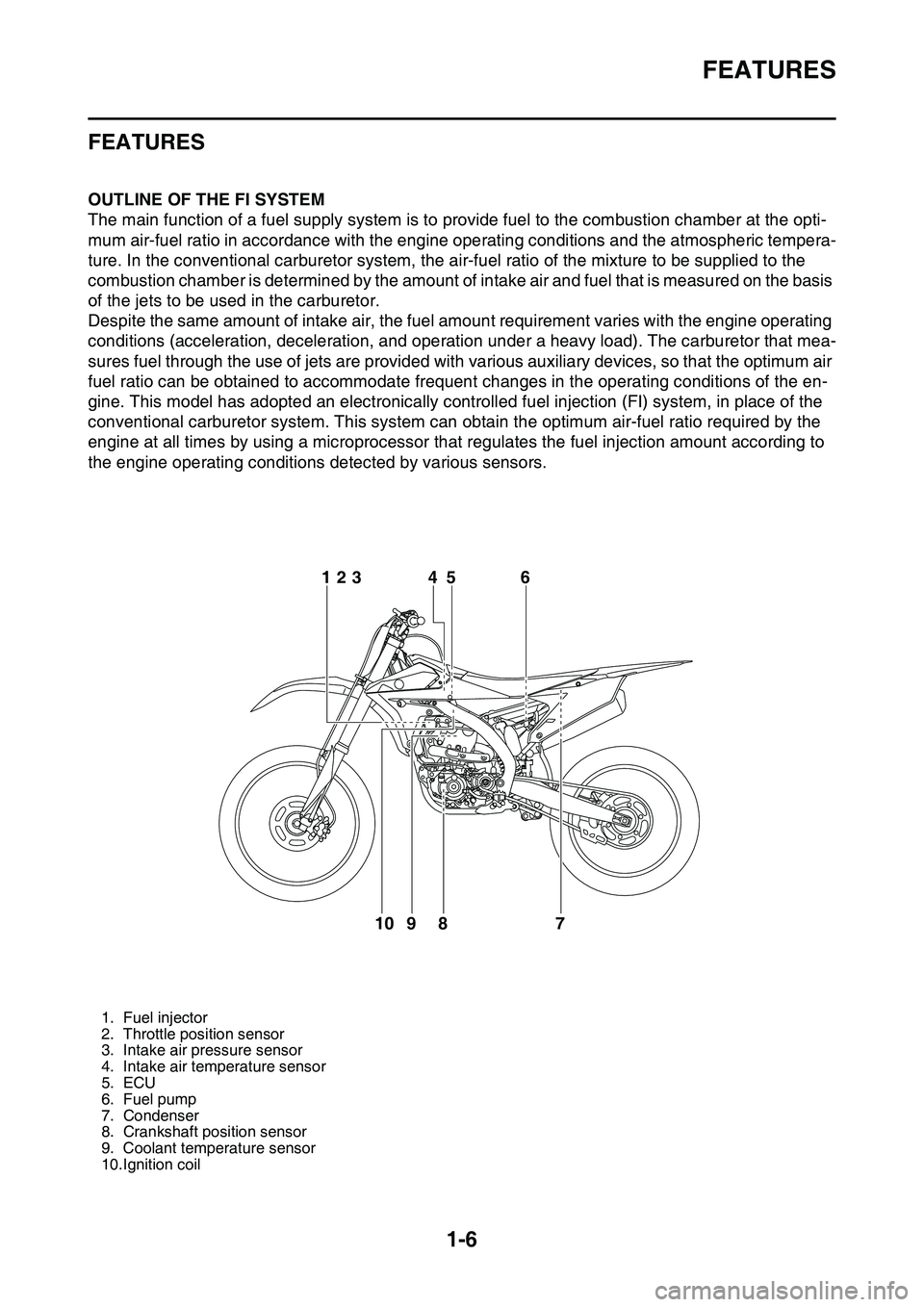YAMAHA YZ450F 2014 User Guide FEATURES
1-6
EAS20170
FEATURES
EAS1SL1014OUTLINE OF THE FI SYSTEM
The main function of a fuel supply system is to provide fuel to the combustion chamber at the opti-
mum air-fuel ratio in accordance w YAMAHA YZ450F 2014 User Guide FEATURES
1-6
EAS20170
FEATURES
EAS1SL1014OUTLINE OF THE FI SYSTEM
The main function of a fuel supply system is to provide fuel to the combustion chamber at the opti-
mum air-fuel ratio in accordance w
