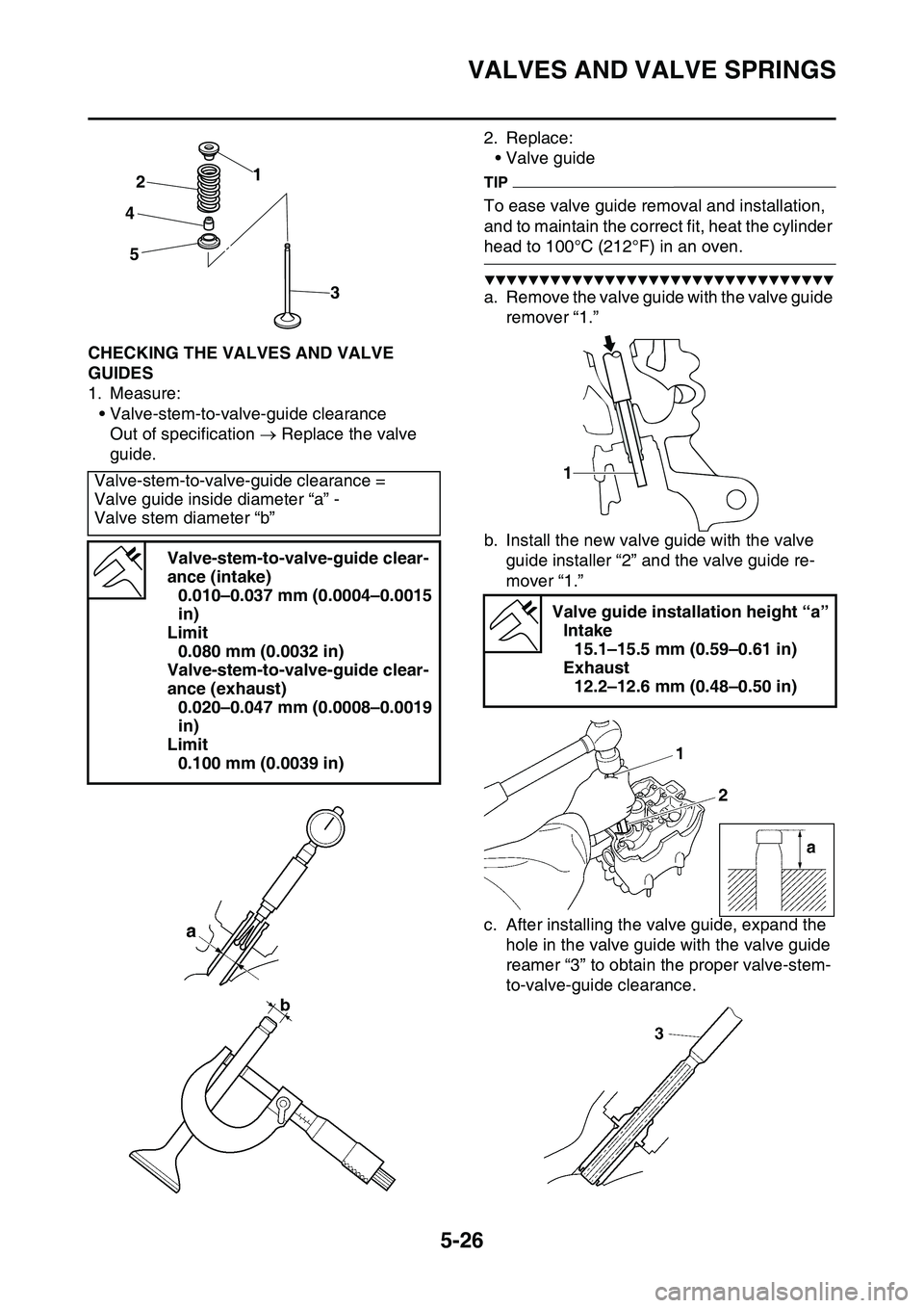 YAMAHA YZ450F 2014  Owners Manual VALVES AND VALVE SPRINGS
5-26
EAS1SL1221CHECKING THE VALVES AND VALVE 
GUIDES
1. Measure:
• Valve-stem-to-valve-guide clearance
Out of specification  Replace the valve 
guide.
2. Replace:
• Val
