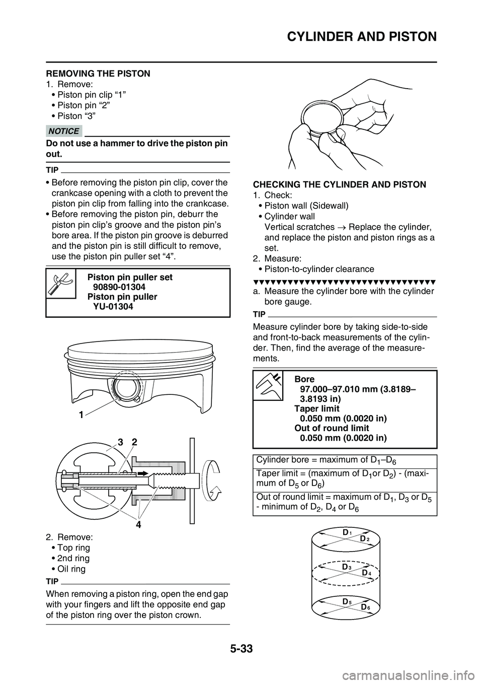 YAMAHA YZ450F 2014  Owners Manual CYLINDER AND PISTON
5-33
EAS1SL1227REMOVING THE PISTON
1. Remove:
• Piston pin clip “1”
• Piston pin “2”
• Piston “3”ECA13810
NOTICE
Do not use a hammer to drive the piston pin 
out.