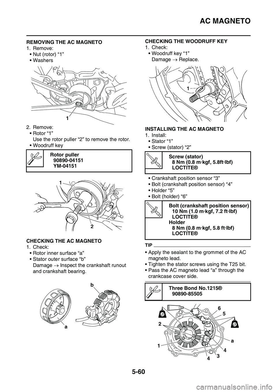 YAMAHA YZ450F 2014  Owners Manual AC MAGNETO
5-60
EAS1SL1273REMOVING THE AC MAGNETO
1. Remove:
• Nut (rotor) “1”
• Washers
2. Remove:
• Rotor “1”
Use the rotor puller “2” to remove the rotor.
• Woodruff key
EAS1SL1