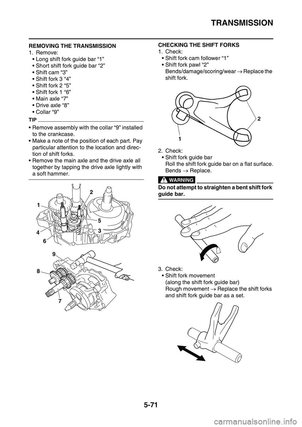 YAMAHA YZ450F 2014  Owners Manual TRANSMISSION
5-71
EAS1SL1289REMOVING THE TRANSMISSION
1. Remove:
• Long shift fork guide bar “1”
• Short shift fork guide bar “2”
• Shift cam “3”
• Shift fork 3 “4”
• Shift f