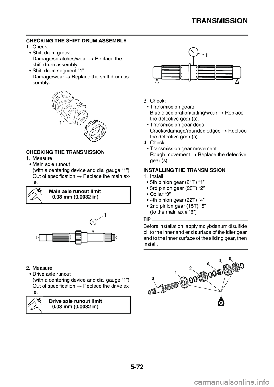 YAMAHA YZ450F 2014  Owners Manual TRANSMISSION
5-72
CHECKING THE SHIFT DRUM ASSEMBLY
1. Check:
• Shift drum groove
Damage/scratches/wear  Replace the 
shift drum assembly.
• Shift drum segment “1”
Damage/wear  Replace th