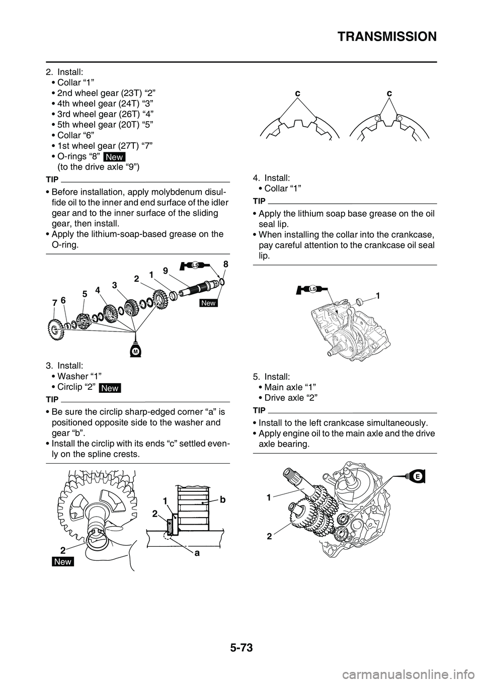 YAMAHA YZ450F 2014  Owners Manual TRANSMISSION
5-73
2. Install:
• Collar “1”
• 2nd wheel gear (23T) “2”
• 4th wheel gear (24T) “3”
• 3rd wheel gear (26T) “4”
• 5th wheel gear (20T) “5”
• Collar “6”
