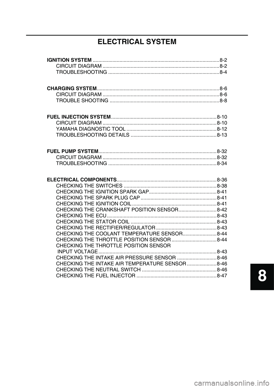 YAMAHA YZ450F 2014 Owners Manual 8
ELECTRICAL SYSTEM
IGNITION SYSTEM.......................................................................................... 8-2
CIRCUIT DIAGRAM ...................................................... YAMAHA YZ450F 2014 Owners Manual 8
ELECTRICAL SYSTEM
IGNITION SYSTEM.......................................................................................... 8-2
CIRCUIT DIAGRAM ......................................................
