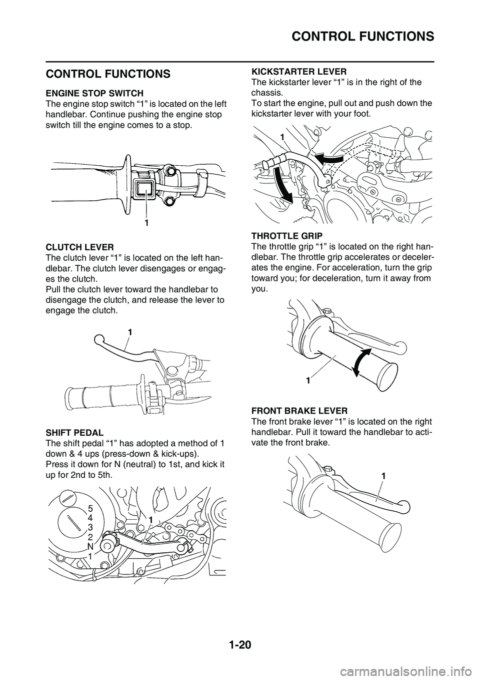 YAMAHA YZ450F 2014 Owners Guide CONTROL FUNCTIONS
1-20
EAS1SL1032
CONTROL FUNCTIONS
EAS1SL1033ENGINE STOP SWITCH
The engine stop switch “1” is located on the left
handlebar. Continue pushing the engine stop
switch till the eng YAMAHA YZ450F 2014 Owners Guide CONTROL FUNCTIONS
1-20
EAS1SL1032
CONTROL FUNCTIONS
EAS1SL1033ENGINE STOP SWITCH
The engine stop switch “1” is located on the left
handlebar. Continue pushing the engine stop
switch till the eng