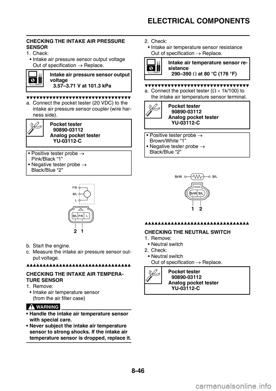 YAMAHA YZ450F 2014 Owners Manual ELECTRICAL COMPONENTS
8-46
CHECKING THE INTAKE AIR PRESSURE
SENSOR
1. Check:
• Intake air pressure sensor output voltage
Out of specification Replace.
▼▼▼▼▼▼▼▼▼▼▼▼▼▼ YAMAHA YZ450F 2014 Owners Manual ELECTRICAL COMPONENTS
8-46
CHECKING THE INTAKE AIR PRESSURE
SENSOR
1. Check:
• Intake air pressure sensor output voltage
Out of specification Replace.
▼▼▼▼▼▼▼▼▼▼▼▼▼▼