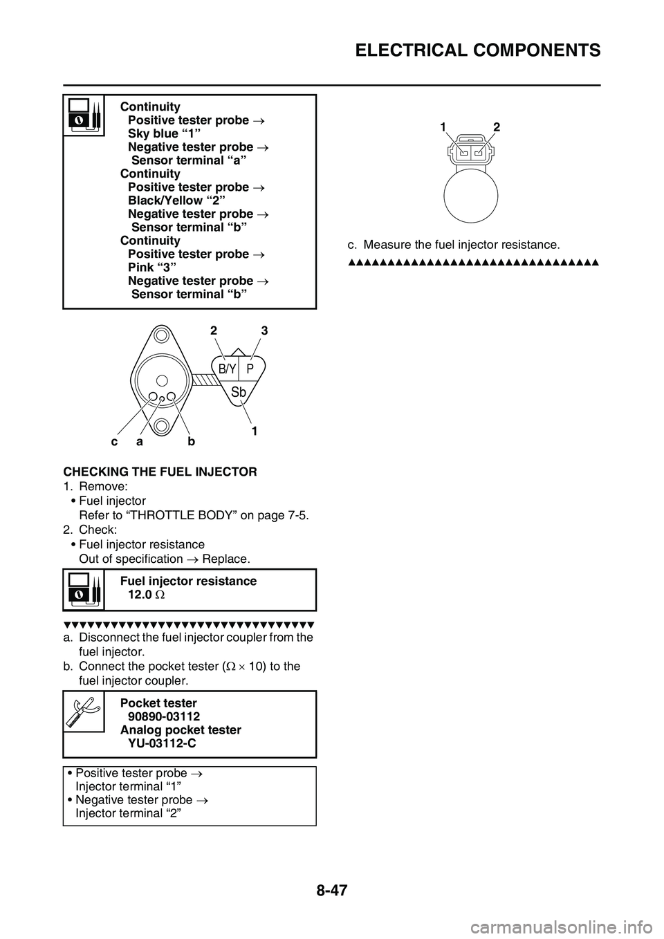 YAMAHA YZ450F 2014 Owners Manual ELECTRICAL COMPONENTS
8-47
EAS1SL1348CHECKING THE FUEL INJECTOR
1. Remove:
• Fuel injector
Refer to “THROTTLE BODY” on page 7-5.
2. Check:
• Fuel injector resistance
Out of specification R YAMAHA YZ450F 2014 Owners Manual ELECTRICAL COMPONENTS
8-47
EAS1SL1348CHECKING THE FUEL INJECTOR
1. Remove:
• Fuel injector
Refer to “THROTTLE BODY” on page 7-5.
2. Check:
• Fuel injector resistance
Out of specification R