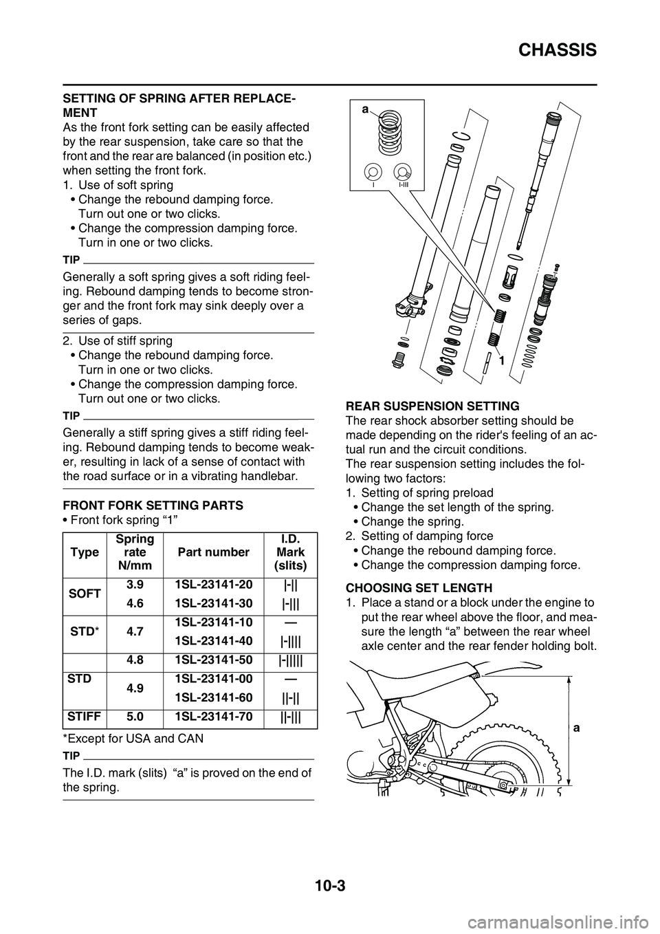 YAMAHA YZ450F 2014 Owners Manual CHASSIS
10-3
SETTING OF SPRING AFTER REPLACE-
MENT
As the front fork setting can be easily affected
by the rear suspension, take care so that the
front and the rear are balanced (in position etc.)
YAMAHA YZ450F 2014 Owners Manual CHASSIS
10-3
SETTING OF SPRING AFTER REPLACE-
MENT
As the front fork setting can be easily affected
by the rear suspension, take care so that the
front and the rear are balanced (in position etc.)