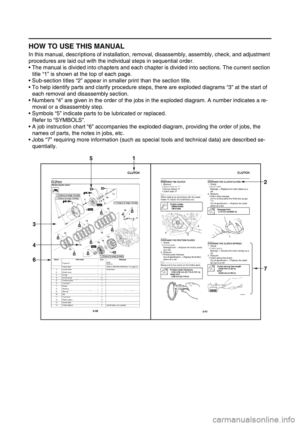 YAMAHA YZ450F 2014 Owners Manual EAS1SL1006
HOW TO USE THIS MANUAL
In this manual, descriptions of installation, removal, disassembly, assembly, check, and adjustment
procedures are laid out with the individual steps in sequential o YAMAHA YZ450F 2014 Owners Manual EAS1SL1006
HOW TO USE THIS MANUAL
In this manual, descriptions of installation, removal, disassembly, assembly, check, and adjustment
procedures are laid out with the individual steps in sequential o