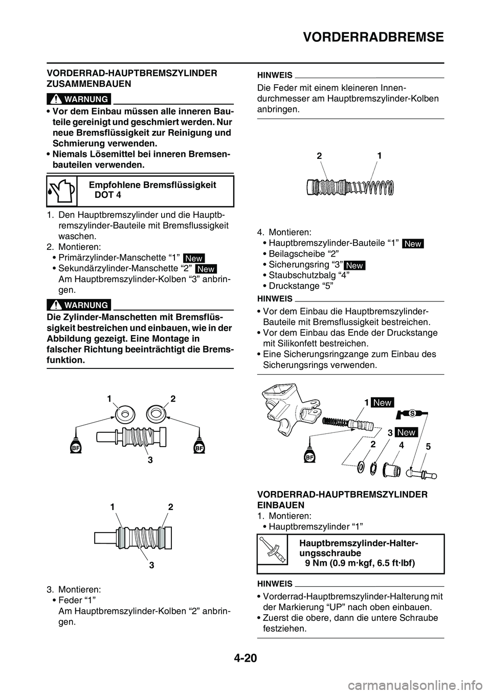 YAMAHA YZ450F 2014  Betriebsanleitungen (in German) VORDERRADBREMSE
4-20
VORDERRAD-HAUPTBREMSZYLINDER 
ZUSAMMENBAUEN
EWA13520
WARNUNG
• Vor dem Einbau müssen alle inneren Bau-
teile gereinigt und geschmiert werden. Nur 
neue Bremsflüssigkeit zur Re