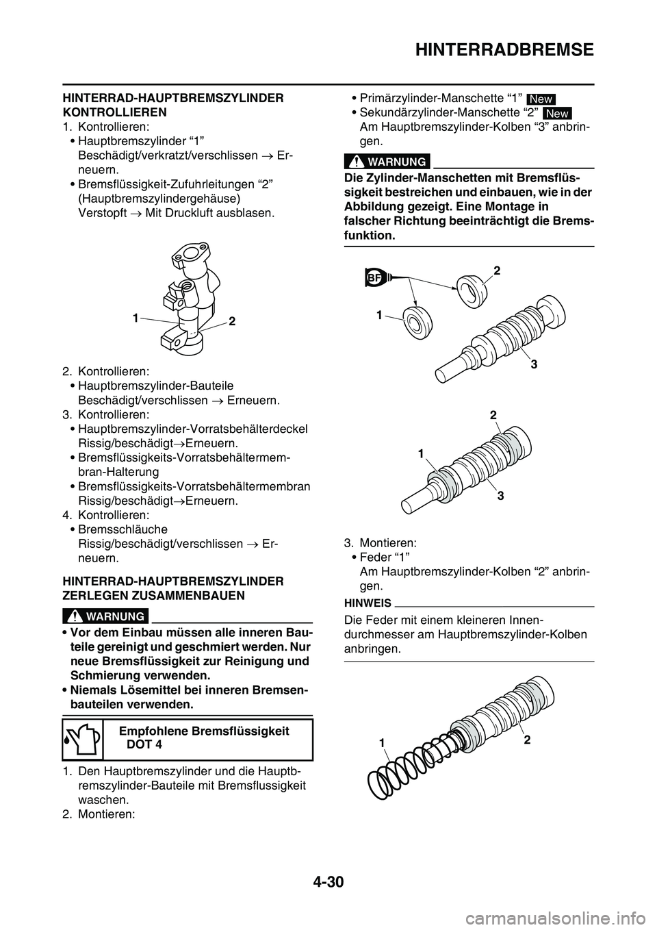 YAMAHA YZ450F 2014  Betriebsanleitungen (in German) HINTERRADBREMSE
4-30
HINTERRAD-HAUPTBREMSZYLINDER 
KONTROLLIEREN
1. Kontrollieren:
• Hauptbremszylinder “1”
Beschädigt/verkratzt/verschlissen  Er-
neuern.
• Bremsflüssigkeit-Zufuhrleitung