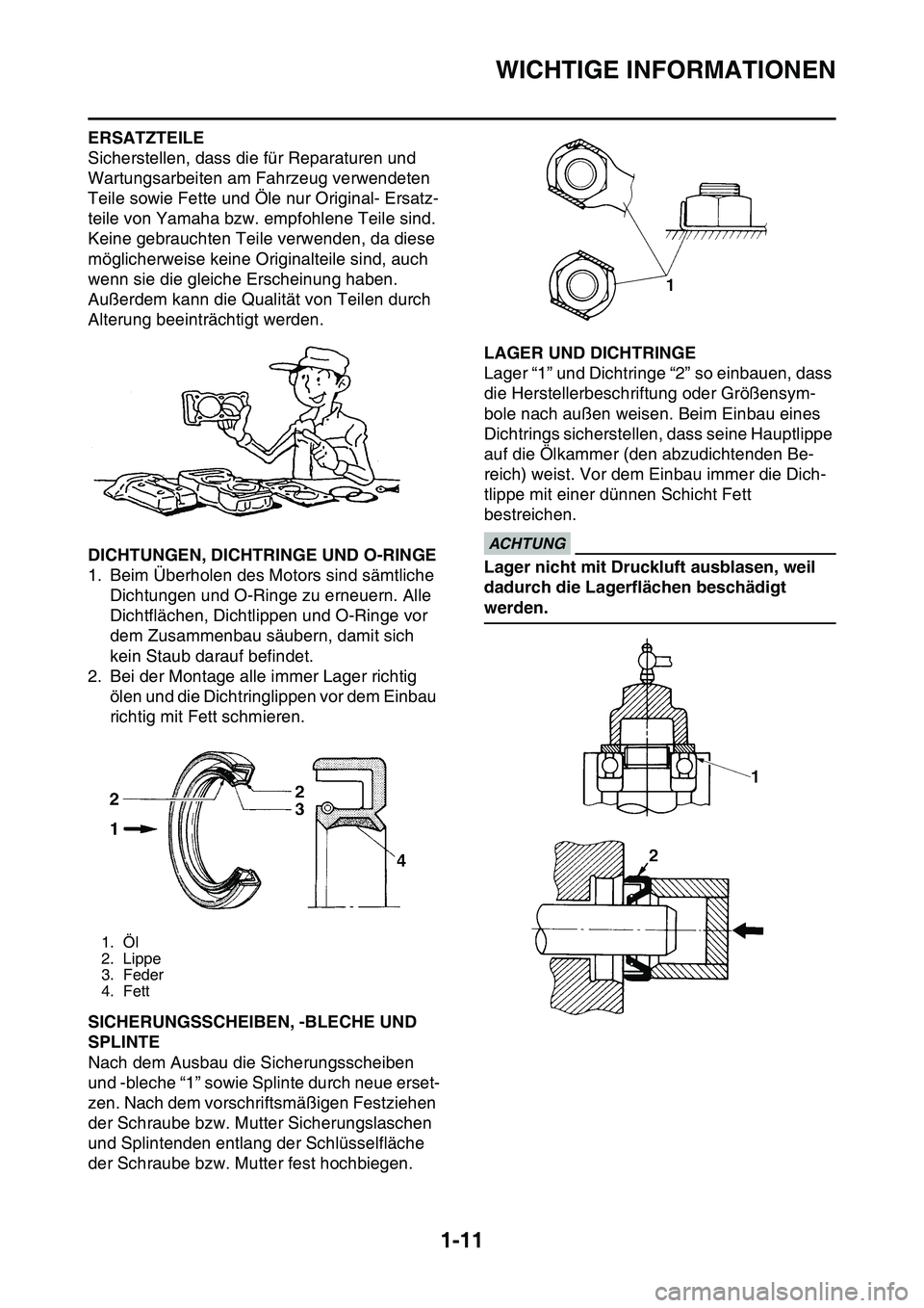 YAMAHA YZ450F 2014  Betriebsanleitungen (in German) WICHTIGE INFORMATIONEN
1-11
ERSATZTEILE
Sicherstellen, dass die für Reparaturen und 
Wartungsarbeiten am Fahrzeug verwendeten 
Teile sowie Fette und Öle nur Original- Ersatz-
teile von Yamaha bzw. e