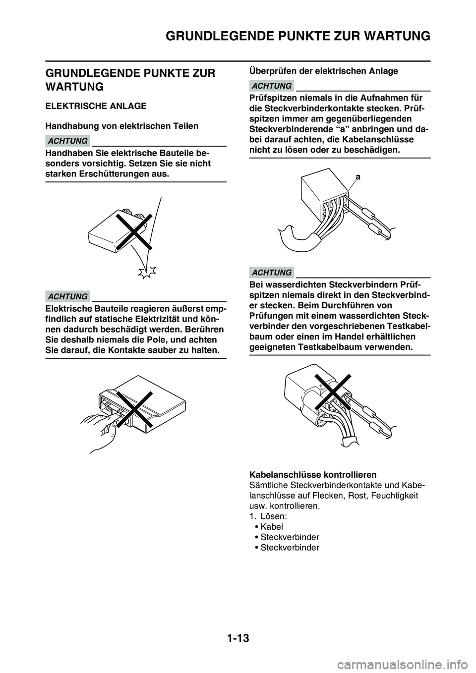 YAMAHA YZ450F 2014  Betriebsanleitungen (in German) GRUNDLEGENDE PUNKTE ZUR WARTUNG
1-13
GAS1SL1029
GRUNDLEGENDE PUNKTE ZUR 
WARTUNG
GAS1SL1030ELEKTRISCHE ANLAGE
Handhabung von elektrischen Teilen
GCA16620
ACHTUNG
Handhaben Sie elektrische Bauteile be-