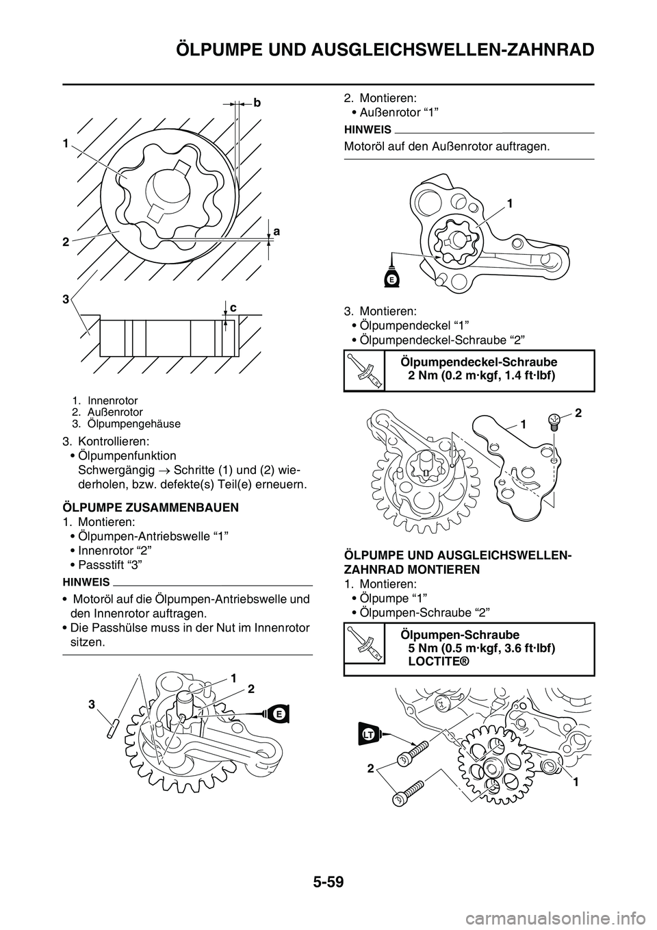 YAMAHA YZ450F 2014 Betriebsanleitungen (in German) ÖLPUMPE UND AUSGLEICHSWELLEN-ZAHNRAD
5-59
3. Kontrollieren:
• Ölpumpenfunktion
Schwergängig Schritte (1) und (2) wie-
derholen, bzw. defekte(s) Teil(e) erneuern.
GAS1SL1270ÖLPUMPE ZUSAMMENBA YAMAHA YZ450F 2014 Betriebsanleitungen (in German) ÖLPUMPE UND AUSGLEICHSWELLEN-ZAHNRAD
5-59
3. Kontrollieren:
• Ölpumpenfunktion
Schwergängig Schritte (1) und (2) wie-
derholen, bzw. defekte(s) Teil(e) erneuern.
GAS1SL1270ÖLPUMPE ZUSAMMENBA