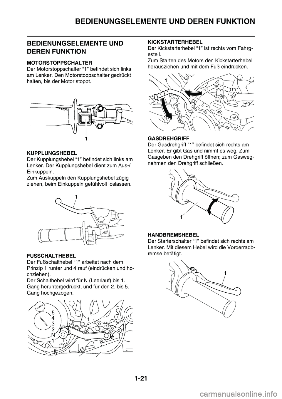 YAMAHA YZ450F 2014 Betriebsanleitungen (in German) BEDIENUNGSELEMENTE UND DEREN FUNKTION
1-21
GAS1SL1032
BEDIENUNGSELEMENTE UND
DEREN FUNKTION
GAS1SL1033MOTORSTOPPSCHALTER
Der Motorstoppschalter “1” befindet sich links
am Lenker. Den Motorstopps YAMAHA YZ450F 2014 Betriebsanleitungen (in German) BEDIENUNGSELEMENTE UND DEREN FUNKTION
1-21
GAS1SL1032
BEDIENUNGSELEMENTE UND
DEREN FUNKTION
GAS1SL1033MOTORSTOPPSCHALTER
Der Motorstoppschalter “1” befindet sich links
am Lenker. Den Motorstopps
