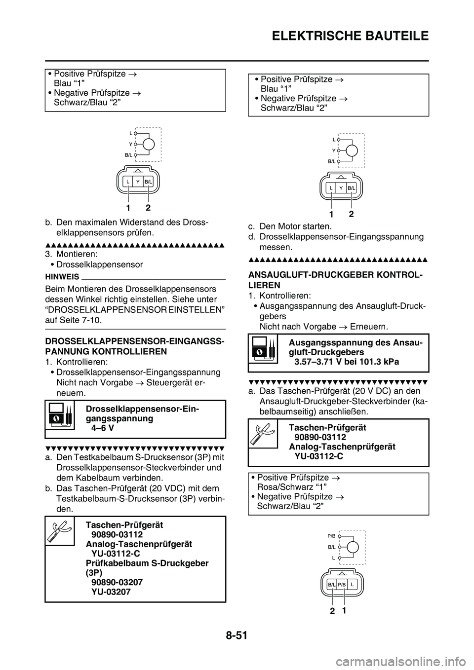 YAMAHA YZ450F 2014 Betriebsanleitungen (in German) ELEKTRISCHE BAUTEILE
8-51
b. Den maximalen Widerstand des Dross-
elklappensensors prüfen.
▲▲▲▲▲▲▲▲▲▲▲▲▲▲▲▲▲▲▲▲▲▲▲▲▲▲▲▲▲▲▲▲
3. Montieren YAMAHA YZ450F 2014 Betriebsanleitungen (in German) ELEKTRISCHE BAUTEILE
8-51
b. Den maximalen Widerstand des Dross-
elklappensensors prüfen.
▲▲▲▲▲▲▲▲▲▲▲▲▲▲▲▲▲▲▲▲▲▲▲▲▲▲▲▲▲▲▲▲
3. Montieren