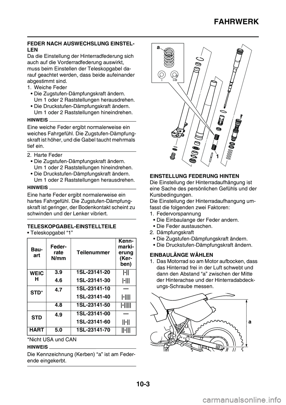 YAMAHA YZ450F 2014 Betriebsanleitungen (in German) FAHRWERK
10-3
GAS1SL1369FEDER NACH AUSWECHSLUNG EINSTEL-
LEN
Da die Einstellung der Hinterradfederung sich
auch auf die Vorderradfederung auswirkt,
muss beim Einstellen der Teleskopgabel da-
rauf ge YAMAHA YZ450F 2014 Betriebsanleitungen (in German) FAHRWERK
10-3
GAS1SL1369FEDER NACH AUSWECHSLUNG EINSTEL-
LEN
Da die Einstellung der Hinterradfederung sich
auch auf die Vorderradfederung auswirkt,
muss beim Einstellen der Teleskopgabel da-
rauf ge