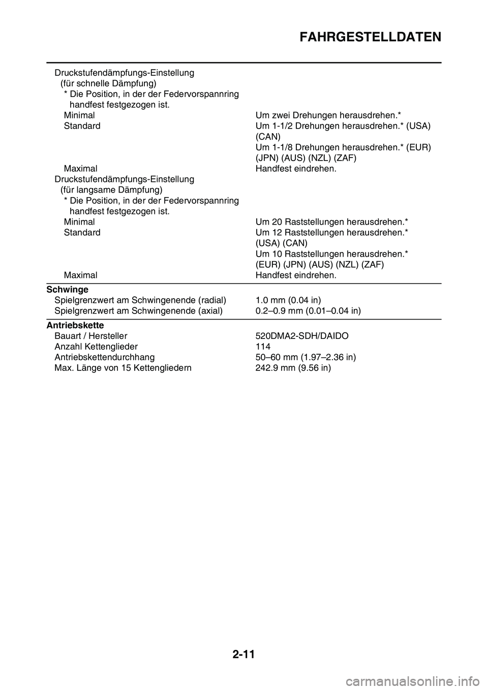 YAMAHA YZ450F 2014  Betriebsanleitungen (in German) FAHRGESTELLDATEN
2-11
Druckstufendämpfungs-Einstellung 
(für schnelle Dämpfung)
* Die Position, in der der Federvorspannring 
handfest festgezogen ist.
Minimal Um zwei Drehungen herausdrehen.*
Stan