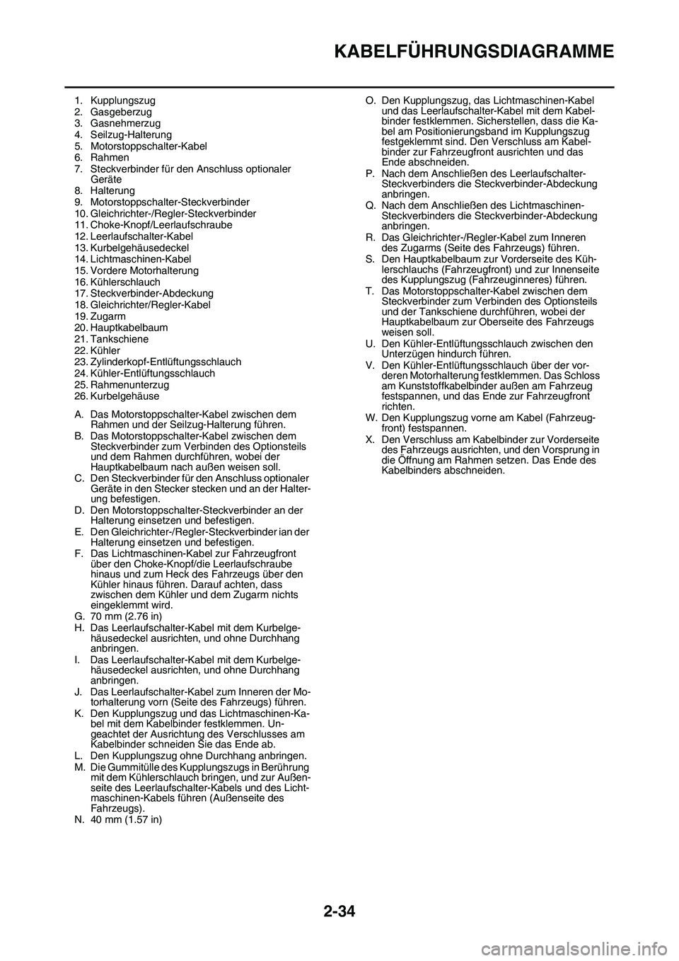 YAMAHA YZ450F 2014  Betriebsanleitungen (in German) KABELFÜHRUNGSDIAGRAMME
2-34
1. Kupplungszug
2. Gasgeberzug
3. Gasnehmerzug
4. Seilzug-Halterung
5. Motorstoppschalter-Kabel
6. Rahmen
7. Steckverbinder für den Anschluss optionaler 
Geräte
8. Halte