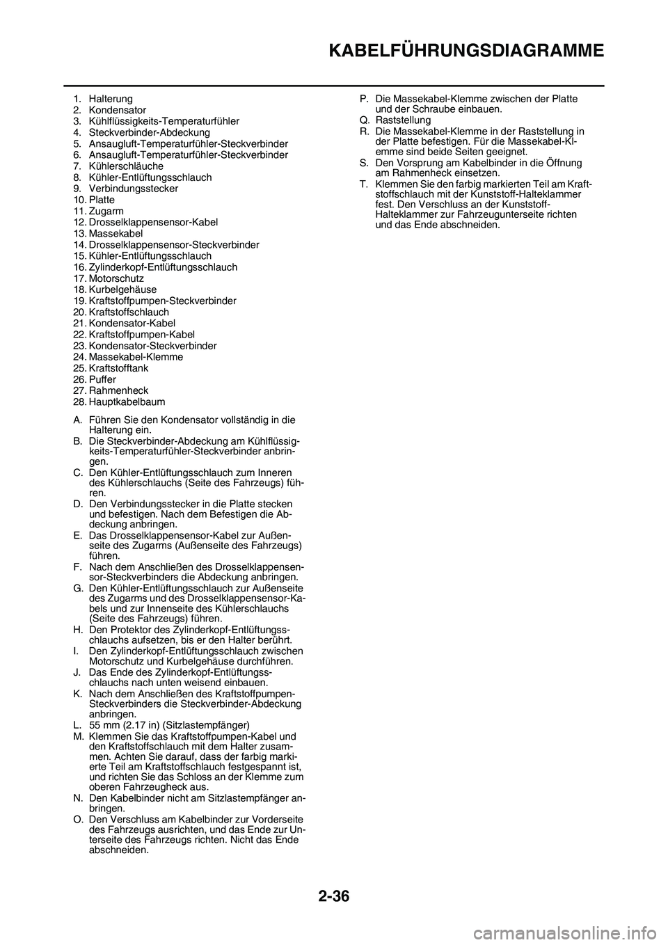 YAMAHA YZ450F 2014  Betriebsanleitungen (in German) KABELFÜHRUNGSDIAGRAMME
2-36
1. Halterung
2. Kondensator
3. Kühlflüssigkeits-Temperaturfühler
4. Steckverbinder-Abdeckung
5. Ansaugluft-Temperaturfühler-Steckverbinder
6. Ansaugluft-Temperaturfüh