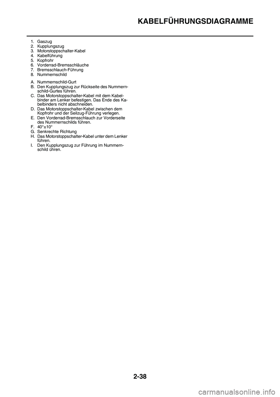 YAMAHA YZ450F 2014 Betriebsanleitungen (in German) KABELFÜHRUNGSDIAGRAMME
2-38
1. Gaszug
2. Kupplungszug
3. Motorstoppschalter-Kabel
4. Kabelführung
5. Kopfrohr
6. Vorderrad-Bremsschläuche
7. Bremsschlauch-Führung
8. Nummernschild
A. Nummernschild YAMAHA YZ450F 2014 Betriebsanleitungen (in German) KABELFÜHRUNGSDIAGRAMME
2-38
1. Gaszug
2. Kupplungszug
3. Motorstoppschalter-Kabel
4. Kabelführung
5. Kopfrohr
6. Vorderrad-Bremsschläuche
7. Bremsschlauch-Führung
8. Nummernschild
A. Nummernschild