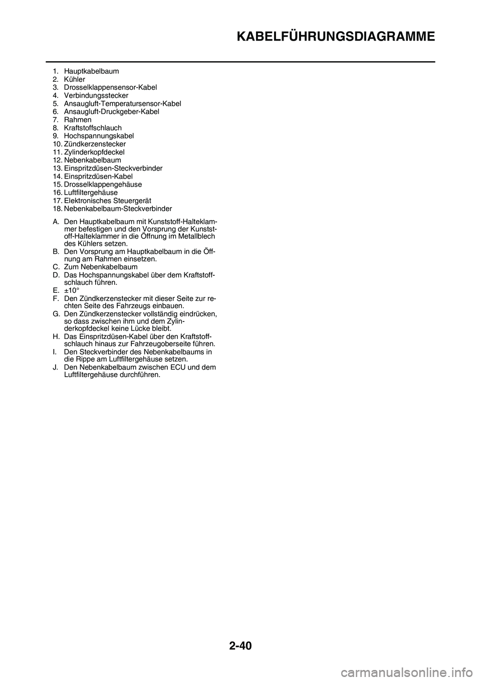 YAMAHA YZ450F 2014  Betriebsanleitungen (in German) KABELFÜHRUNGSDIAGRAMME
2-40
1. Hauptkabelbaum
2. Kühler
3. Drosselklappensensor-Kabel
4. Verbindungsstecker
5. Ansaugluft-Temperatursensor-Kabel
6. Ansaugluft-Druckgeber-Kabel
7. Rahmen
8. Kraftstof