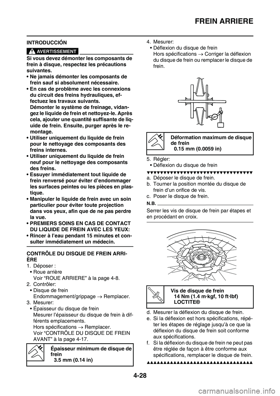 YAMAHA YZ450F 2014  Notices Demploi (in French) FREIN ARRIERE
4-28
FAS1SL1149INTRODUCCIÓNEWA14300
AVERTISSEMENT
Si vous devez démonter les composants de 
frein à disque, respectez les précautions 
suivantes.
• Ne jamais démonter les composan