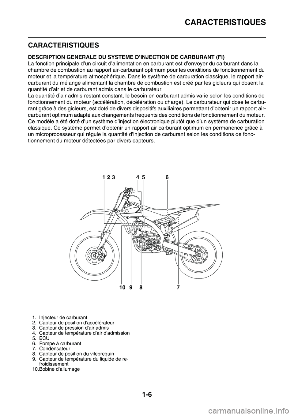 YAMAHA YZ450F 2014  Notices Demploi (in French) CARACTERISTIQUES
1-6
FAS20170
CARACTERISTIQUES
FAS1SL1014DESCRIPTION GENERALE DU SYSTEME D’INJECTION DE CARBURANT (FI)
La fonction principale d’un circuit d’alimentation en carburant est d’env