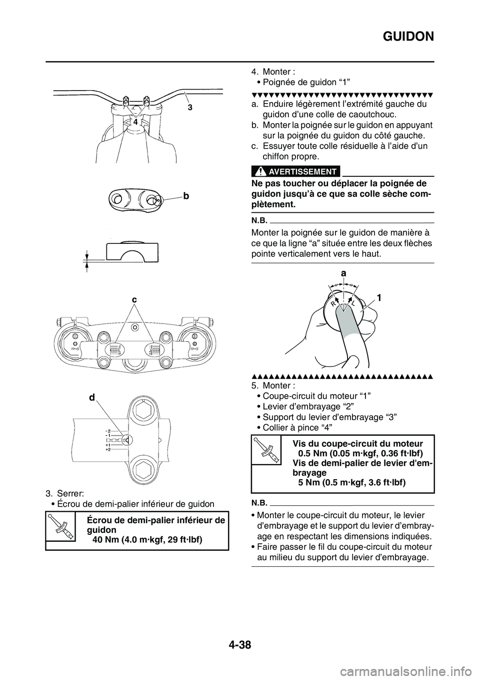 YAMAHA YZ450F 2014  Notices Demploi (in French) GUIDON
4-38
3. Serrer:
• Écrou de demi-palier inférieur de guidon4. Monter :
• Poignée de guidon “1”
▼▼▼▼▼▼▼▼▼▼▼▼▼▼▼▼▼▼▼▼▼▼▼▼▼▼▼▼▼