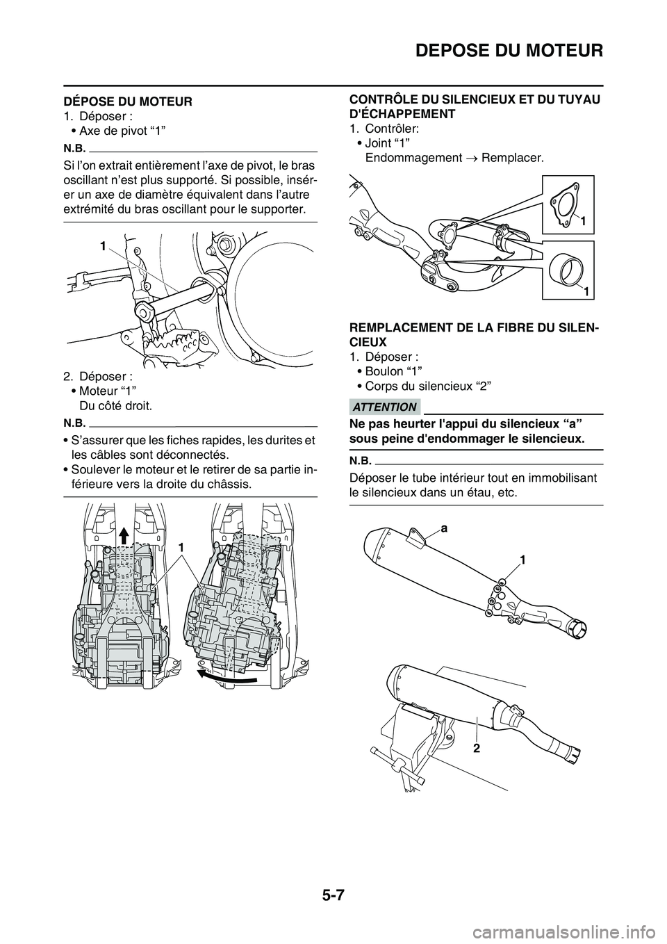 YAMAHA YZ450F 2014  Notices Demploi (in French) DEPOSE DU MOTEUR
5-7
FAS1SL1200DÉPOSE DU MOTEUR
1. Déposer :
• Axe de pivot “1”
N.B.
Si l’on extrait entièrement l’axe de pivot, le bras 
oscillant n’est plus supporté. Si possible, in