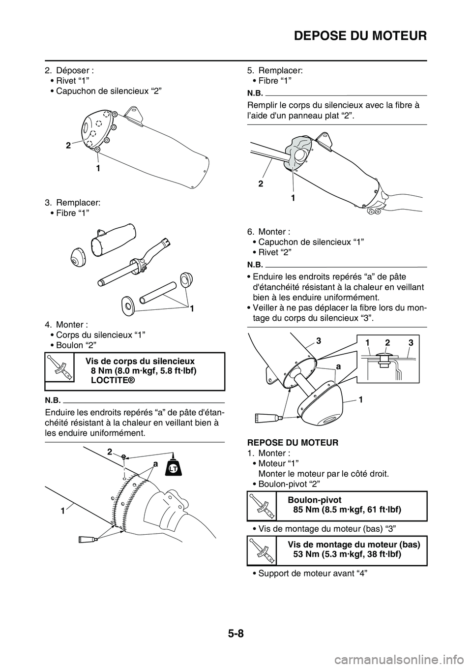 YAMAHA YZ450F 2014  Notices Demploi (in French) DEPOSE DU MOTEUR
5-8
2. Déposer :
•Rivet “1”
• Capuchon de silencieux “2”
3. Remplacer:
• Fibre “1”
4. Monter :
• Corps du silencieux “1”
• Boulon “2”
N.B.
Enduire les e