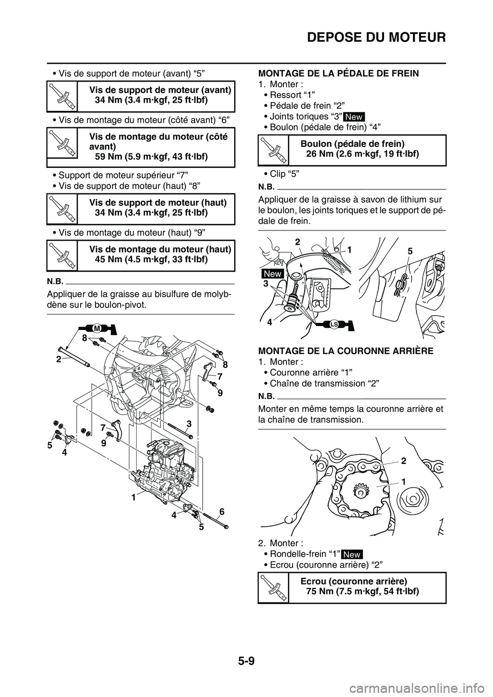 YAMAHA YZ450F 2014  Notices Demploi (in French) DEPOSE DU MOTEUR
5-9
• Vis de support de moteur (avant) “5”
• Vis de montage du moteur (côté avant) “6”
• Support de moteur supérieur “7”
• Vis de support de moteur (haut) “8