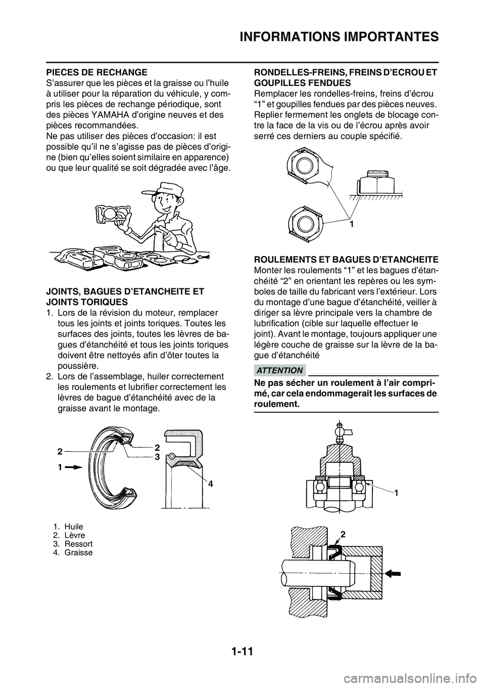 YAMAHA YZ450F 2014 Notices Demploi (in French) INFORMATIONS IMPORTANTES
1-11
PIECES DE RECHANGE
S’assurer que les pièces et la graisse ou l’huile
à utiliser pour la réparation du véhicule, y com-
pris les pièces de rechange périodique, YAMAHA YZ450F 2014 Notices Demploi (in French) INFORMATIONS IMPORTANTES
1-11
PIECES DE RECHANGE
S’assurer que les pièces et la graisse ou l’huile
à utiliser pour la réparation du véhicule, y com-
pris les pièces de rechange périodique,
