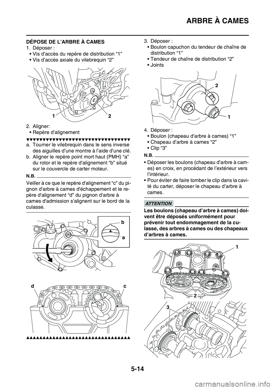 YAMAHA YZ450F 2014  Notices Demploi (in French) ARBRE À CAMES
5-14
FAS1SL1208DÉPOSE DE L’ARBRE À CAMES
1. Déposer :
• Vis d’accès du repère de distribution “1”
• Vis d’accès axiale du vilebrequin “2”
2. Aligner:
• Repère