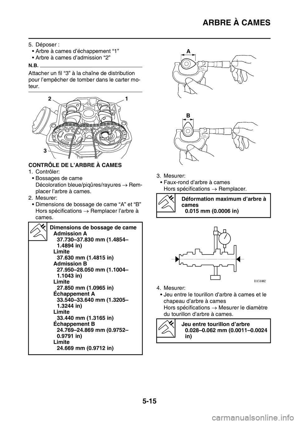YAMAHA YZ450F 2014  Notices Demploi (in French) ARBRE À CAMES
5-15
5. Déposer :
• Arbre à cames d’échappement “1”
• Arbre à cames d’admission “2”
N.B.
Attacher un fil “3” à la chaîne de distribution 
pour l’empêcher de