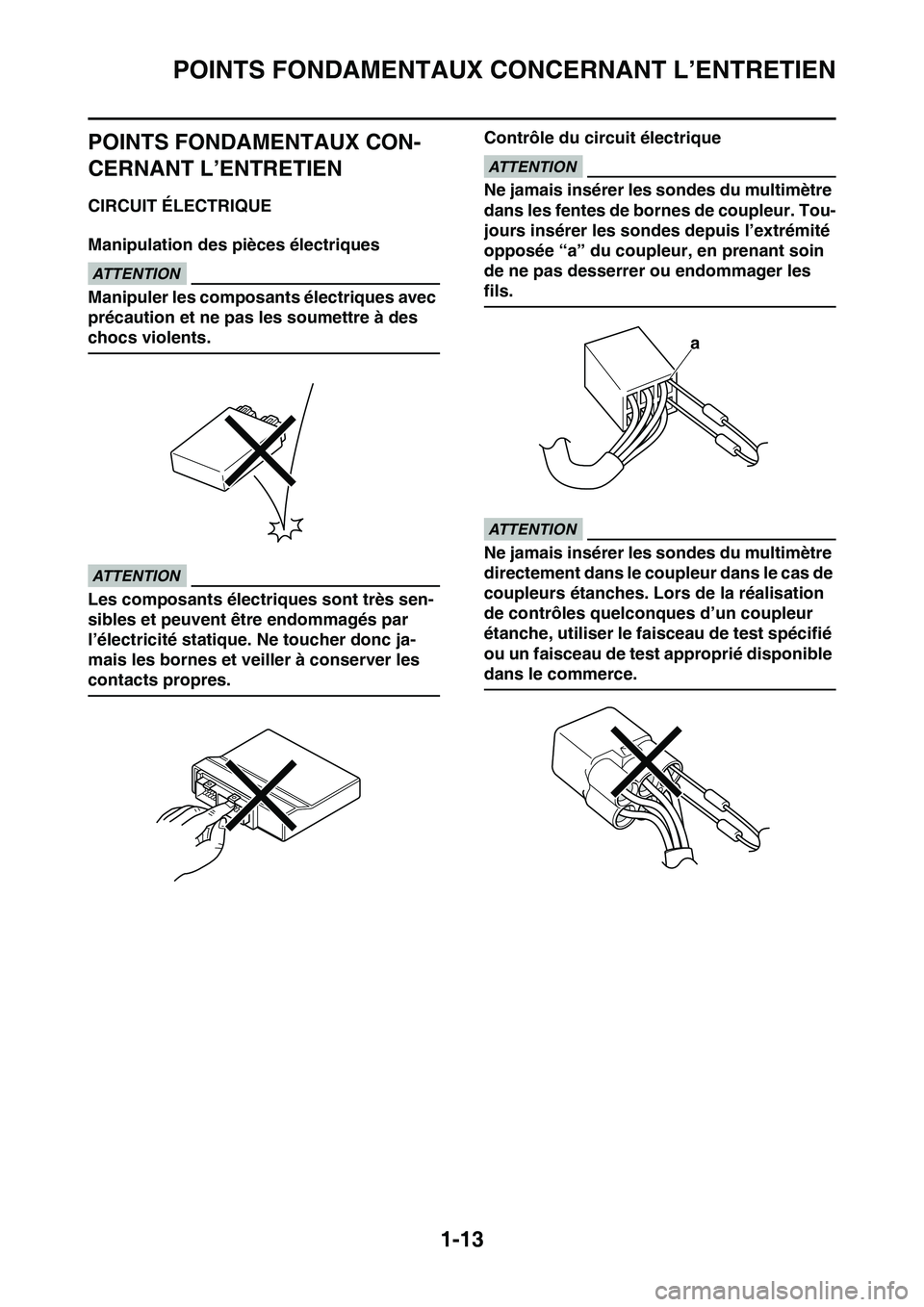 YAMAHA YZ450F 2014 Notices Demploi (in French) POINTS FONDAMENTAUX CONCERNANT L’ENTRETIEN
1-13
FAS1SL1029
POINTS FONDAMENTAUX CON-
CERNANT L’ENTRETIEN
FAS1SL1030CIRCUIT ÉLECTRIQUE
Manipulation des pièces électriques
FCA16620
ATTENTION
Manip YAMAHA YZ450F 2014 Notices Demploi (in French) POINTS FONDAMENTAUX CONCERNANT L’ENTRETIEN
1-13
FAS1SL1029
POINTS FONDAMENTAUX CON-
CERNANT L’ENTRETIEN
FAS1SL1030CIRCUIT ÉLECTRIQUE
Manipulation des pièces électriques
FCA16620
ATTENTION
Manip