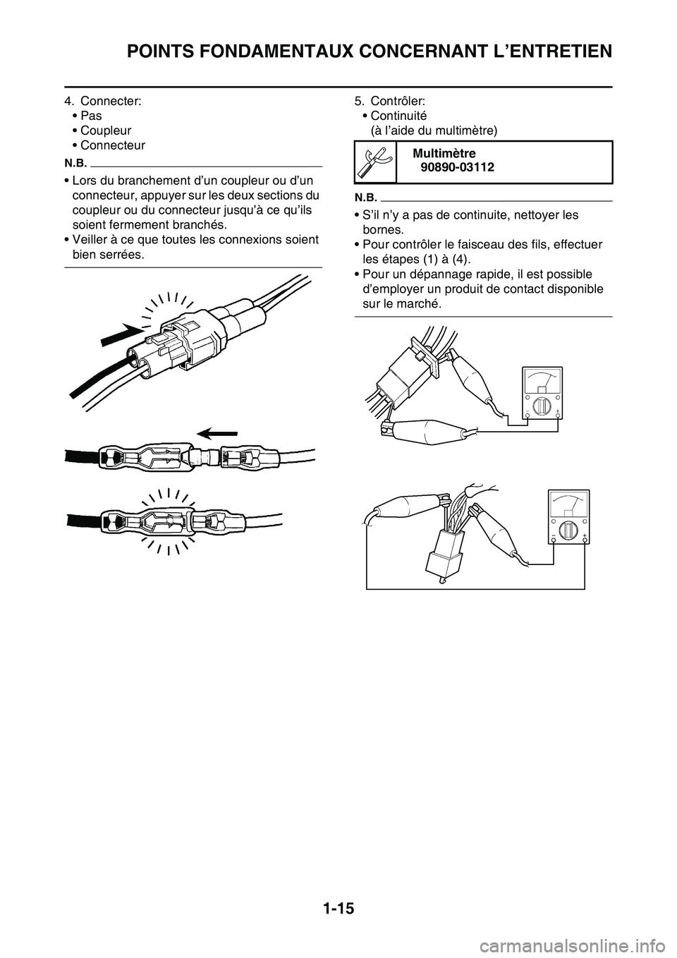 YAMAHA YZ450F 2014 Notices Demploi (in French) POINTS FONDAMENTAUX CONCERNANT L’ENTRETIEN
1-15
4. Connecter:
•Pas
• Coupleur
• Connecteur
N.B.
• Lors du branchement d’un coupleur ou d’un
connecteur, appuyer sur les deux sections du YAMAHA YZ450F 2014 Notices Demploi (in French) POINTS FONDAMENTAUX CONCERNANT L’ENTRETIEN
1-15
4. Connecter:
•Pas
• Coupleur
• Connecteur
N.B.
• Lors du branchement d’un coupleur ou d’un
connecteur, appuyer sur les deux sections du