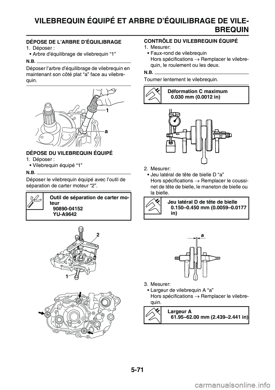 YAMAHA YZ450F 2014  Notices Demploi (in French) VILEBREQUIN ÉQUIPÉ ET ARBRE D’ÉQUILIBRAGE DE VILE-
BREQUIN
5-71
FAS1SL1284DÉPOSE DE L’ARBRE D’ÉQUILIBRAGE
1. Déposer :
• Arbre d’équilibrage de vilebrequin “1”
N.B.
Déposer l’a