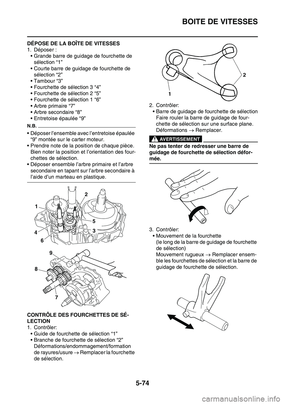 YAMAHA YZ450F 2014  Notices Demploi (in French) BOITE DE VITESSES
5-74
FAS1SL1289DÉPOSE DE LA BOÎTE DE VITESSES
1. Déposer :
• Grande barre de guidage de fourchette de 
sélection “1”
• Courte barre de guidage de fourchette de 
sélectio