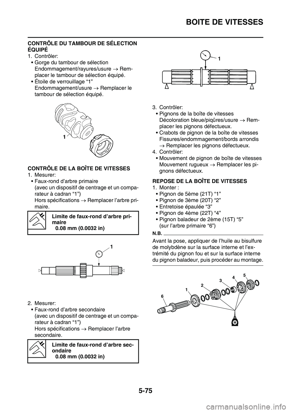 YAMAHA YZ450F 2014  Notices Demploi (in French) BOITE DE VITESSES
5-75
CONTRÔLE DU TAMBOUR DE SÉLECTION 
ÉQUIPÉ
1. Contrôler:
• Gorge du tambour de sélection
Endommagement/rayures/usure  Rem-
placer le tambour de sélection équipé.
•