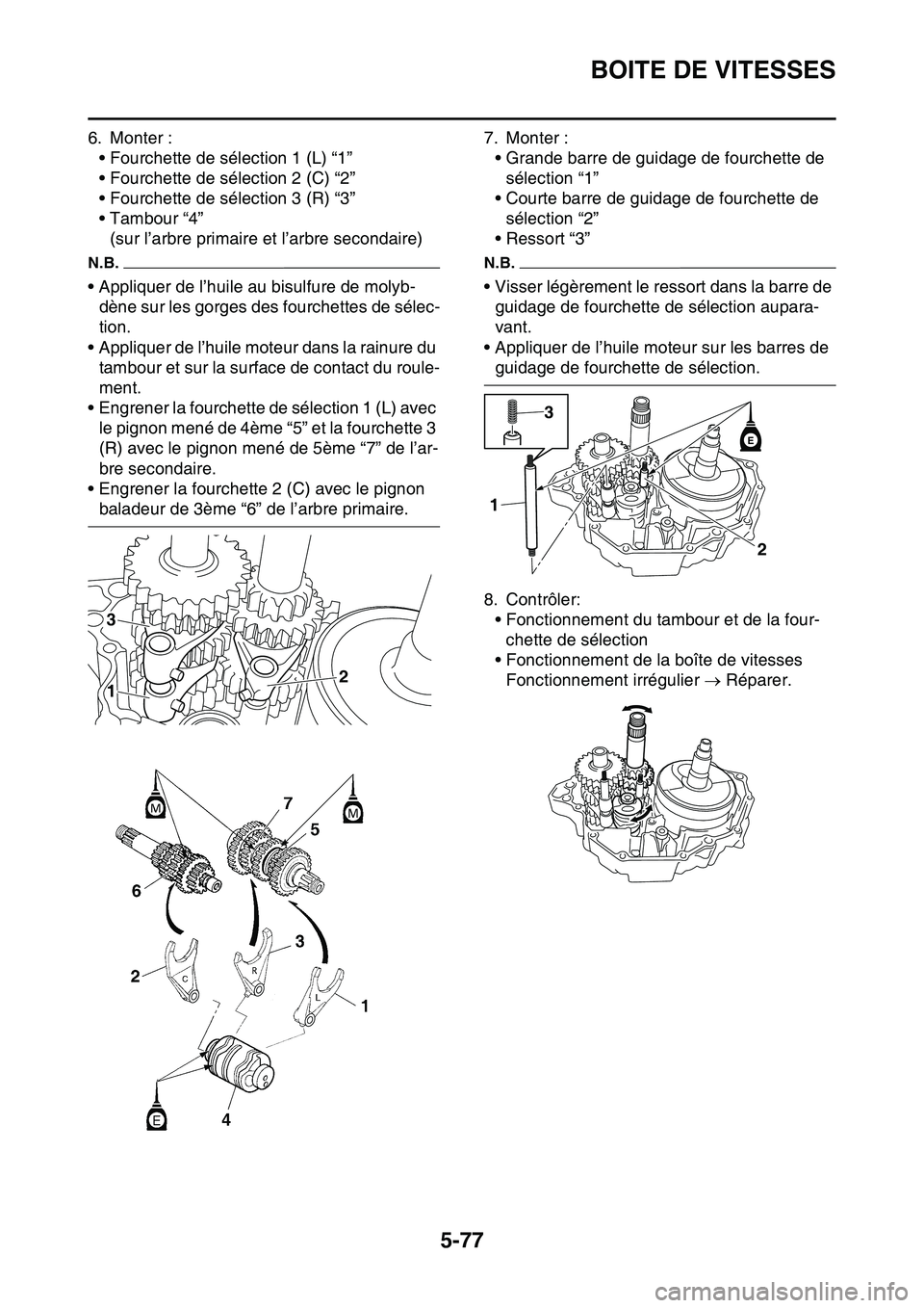 YAMAHA YZ450F 2014  Notices Demploi (in French) BOITE DE VITESSES
5-77
6. Monter :
• Fourchette de sélection 1 (L) “1”
• Fourchette de sélection 2 (C) “2”
• Fourchette de sélection 3 (R) “3”
• Tambour “4”
(sur l’arbre p