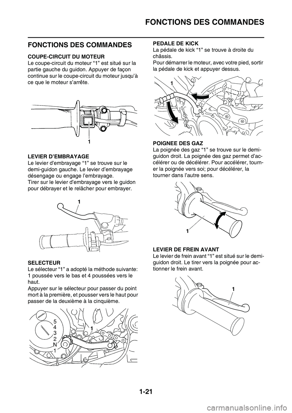 YAMAHA YZ450F 2014 Notices Demploi (in French) FONCTIONS DES COMMANDES
1-21
FAS1SL1032
FONCTIONS DES COMMANDES
FAS1SL1033COUPE-CIRCUIT DU MOTEUR
Le coupe-circuit du moteur “1” est situé sur la
partie gauche du guidon. Appuyer de façon
cont YAMAHA YZ450F 2014 Notices Demploi (in French) FONCTIONS DES COMMANDES
1-21
FAS1SL1032
FONCTIONS DES COMMANDES
FAS1SL1033COUPE-CIRCUIT DU MOTEUR
Le coupe-circuit du moteur “1” est situé sur la
partie gauche du guidon. Appuyer de façon
cont