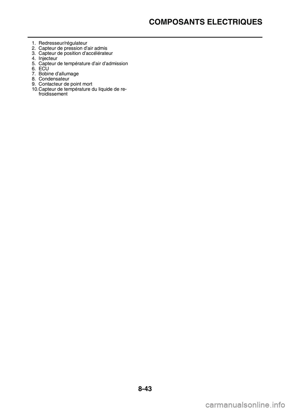 YAMAHA YZ450F 2014  Notices Demploi (in French) COMPOSANTS ELECTRIQUES
8-43
FAS1SL1334
1. Redresseur/régulateur
2. Capteur de pression d’air admis
3. Capteur de position d’accélérateur
4. Injecteur
5. Capteur de température d’air d’admi