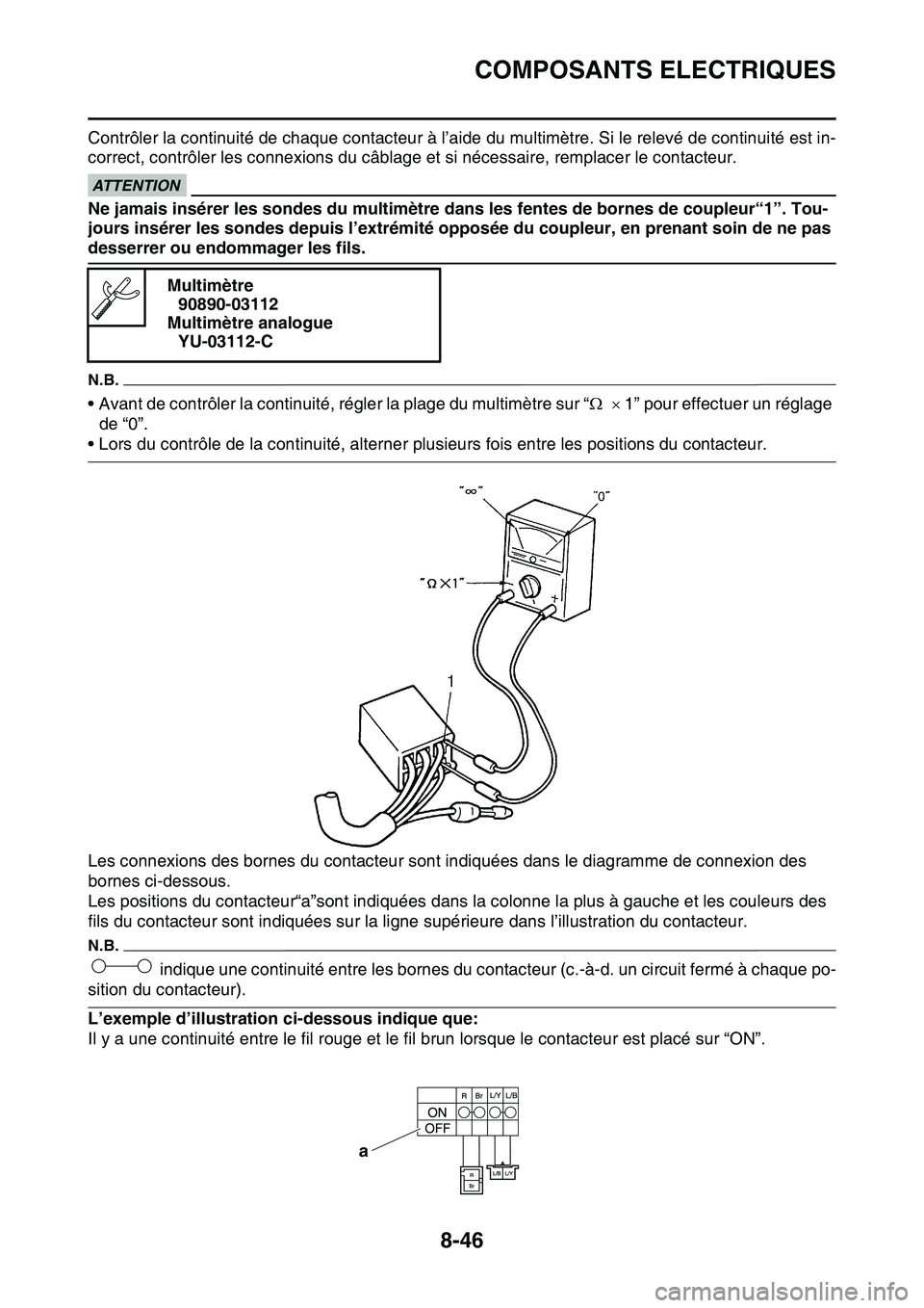YAMAHA YZ450F 2014 Notices Demploi (in French) COMPOSANTS ELECTRIQUES
8-46
Contrôler la continuité de chaque contacteur à l’aide du multimètre. Si le relevé de continuité est in-
correct, contrôler les connexions du câblage et si nécess YAMAHA YZ450F 2014 Notices Demploi (in French) COMPOSANTS ELECTRIQUES
8-46
Contrôler la continuité de chaque contacteur à l’aide du multimètre. Si le relevé de continuité est in-
correct, contrôler les connexions du câblage et si nécess