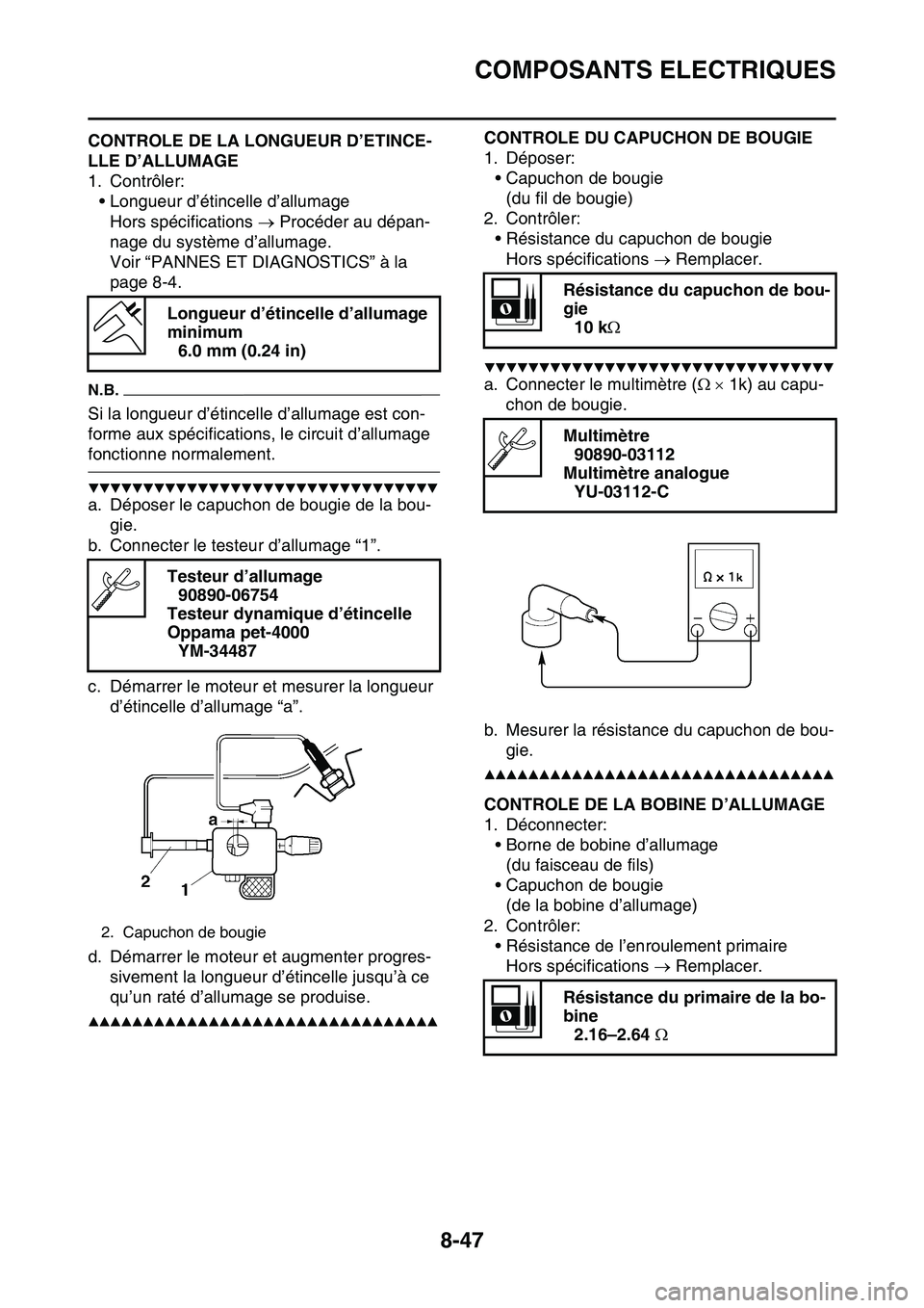YAMAHA YZ450F 2014  Notices Demploi (in French) COMPOSANTS ELECTRIQUES
8-47
FAS1SL1335CONTROLE DE LA LONGUEUR D’ETINCE-
LLE D’ALLUMAGE
1. Contrôler:
• Longueur d’étincelle d’allumage
Hors spécifications  Procéder au dépan-
nage du
