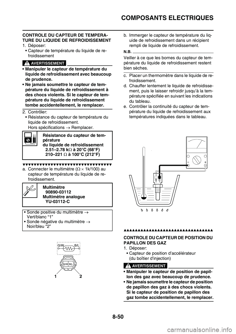 YAMAHA YZ450F 2014  Notices Demploi (in French) COMPOSANTS ELECTRIQUES
8-50
CONTROLE DU CAPTEUR DE TEMPERA-
TURE DU LIQUIDE DE REFROIDISSEMENT
1. Déposer:
• Capteur de température du liquide de re-
froidissement
EWA14130
AVERTISSEMENT
• Manip