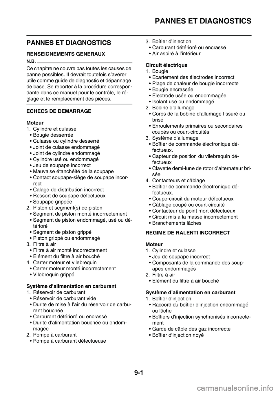 YAMAHA YZ450F 2014  Notices Demploi (in French) PANNES ET DIAGNOSTICS
9-1
FAS1SL1349
PANNES ET DIAGNOSTICS
FAS1SL1350RENSEIGNEMENTS GENERAUX
N.B.
Ce chapitre ne couvre pas toutes les causes de 
panne possibles. Il devrait toutefois s’avérer 
uti