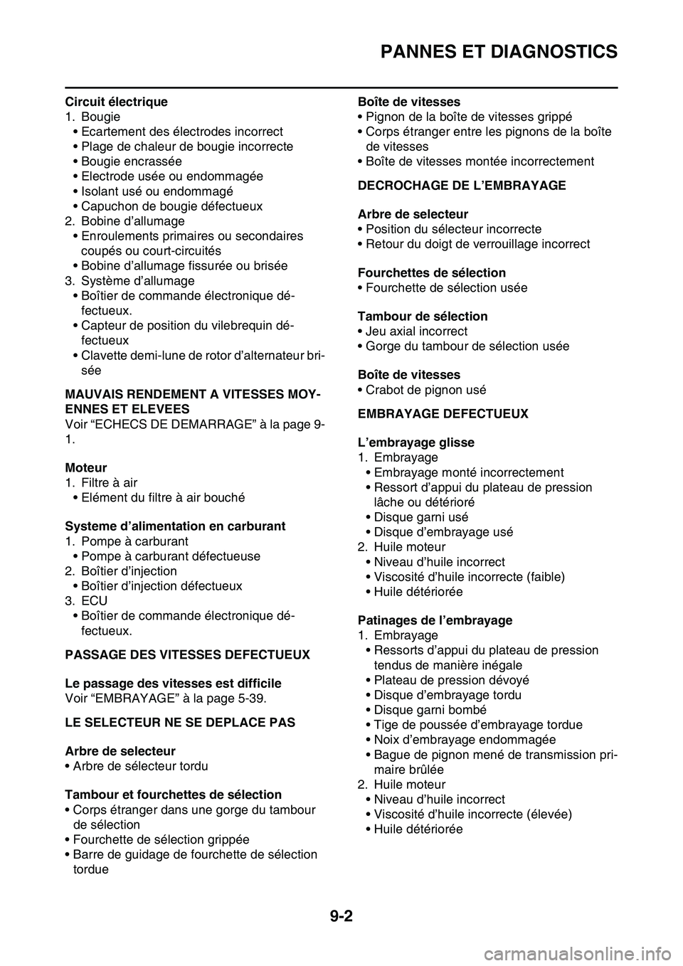 YAMAHA YZ450F 2014 Notices Demploi (in French) PANNES ET DIAGNOSTICS
9-2
Circuit électrique
1. Bougie
• Ecartement des électrodes incorrect
• Plage de chaleur de bougie incorrecte
• Bougie encrassée
• Electrode usée ou endommagée
• YAMAHA YZ450F 2014 Notices Demploi (in French) PANNES ET DIAGNOSTICS
9-2
Circuit électrique
1. Bougie
• Ecartement des électrodes incorrect
• Plage de chaleur de bougie incorrecte
• Bougie encrassée
• Electrode usée ou endommagée
•