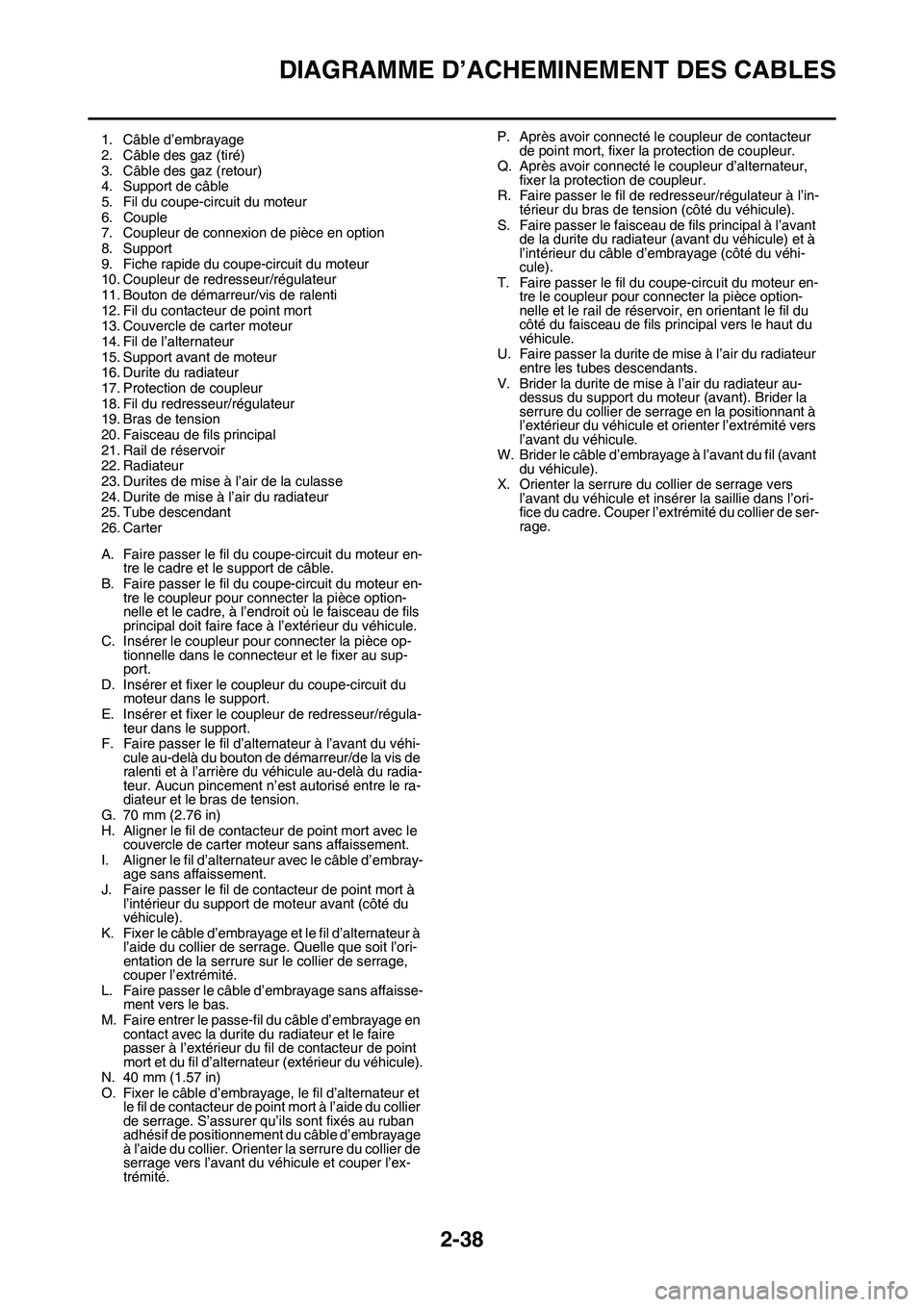 YAMAHA YZ450F 2014  Notices Demploi (in French) DIAGRAMME D’ACHEMINEMENT DES CABLES
2-38
1. Câble d’embrayage
2. Câble des gaz (tiré)
3. Câble des gaz (retour)
4. Support de câble
5. Fil du coupe-circuit du moteur
6. Couple
7. Coupleur de 